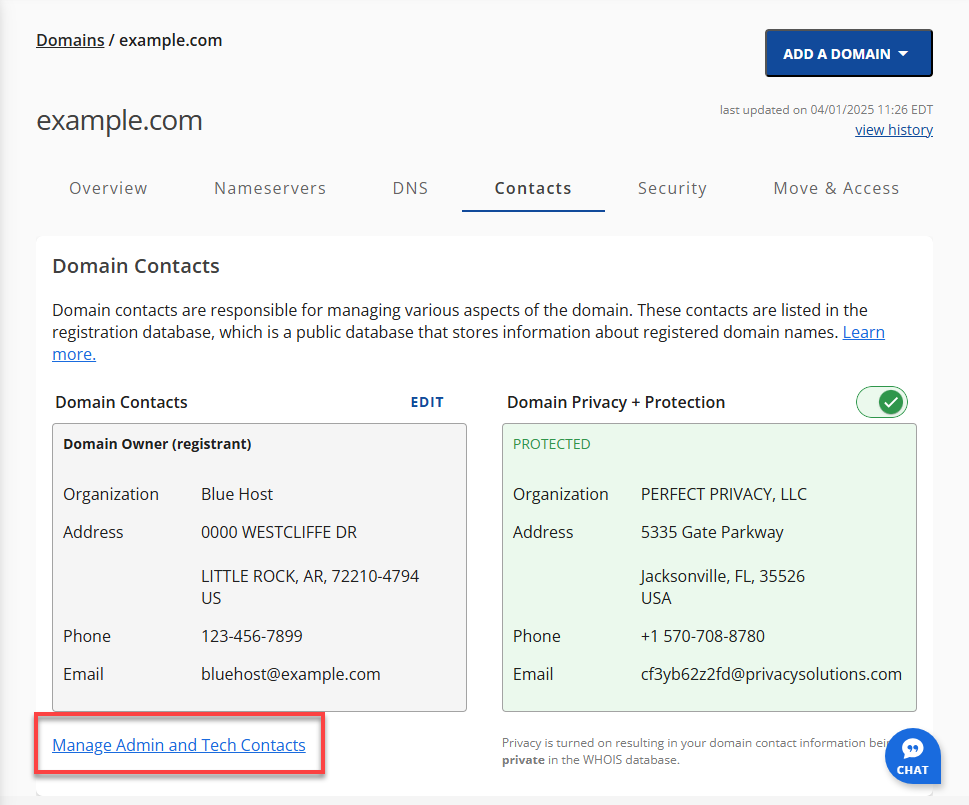Bluehost Account Manager Domains Tab - Contacts Subtab - Manage Admin and Tech Contacts Manage