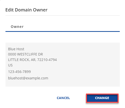 Bluehost Account Manager Domains Tab - Contacts Subtab -Edit Domain Contacts Change Button