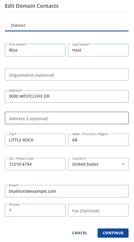 Bluehost Account Manager Domains Tab - Contacts Subtab -Edit Domain Contacts Change Details
