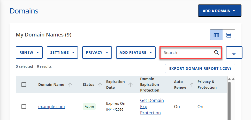 Bluehost Account Manager Domains Tab - Search Box
