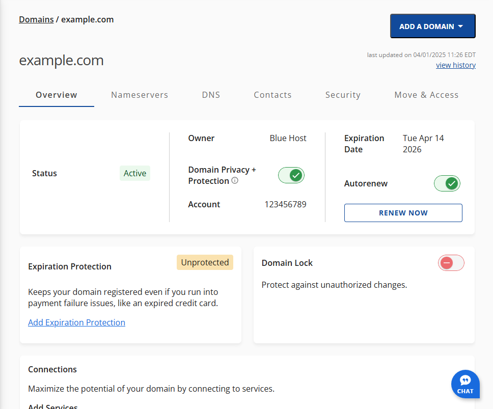 Bluehost Account Manager Domains Tab -  Overview