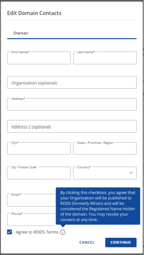 Bluehost Account Manager Domains Tab - Contacts Subtab -Edit Domain Contacts Change Details