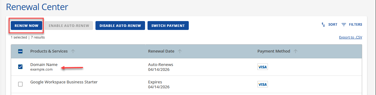 Select Domain to renew