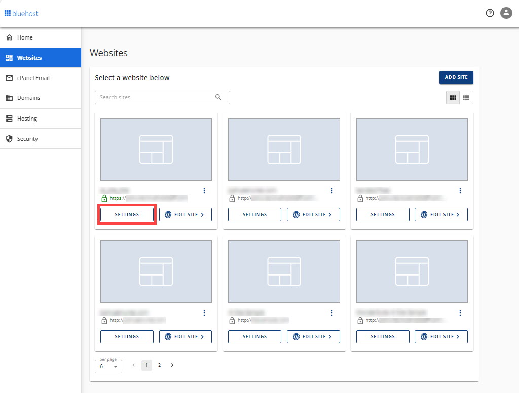 Websites Settings Button
