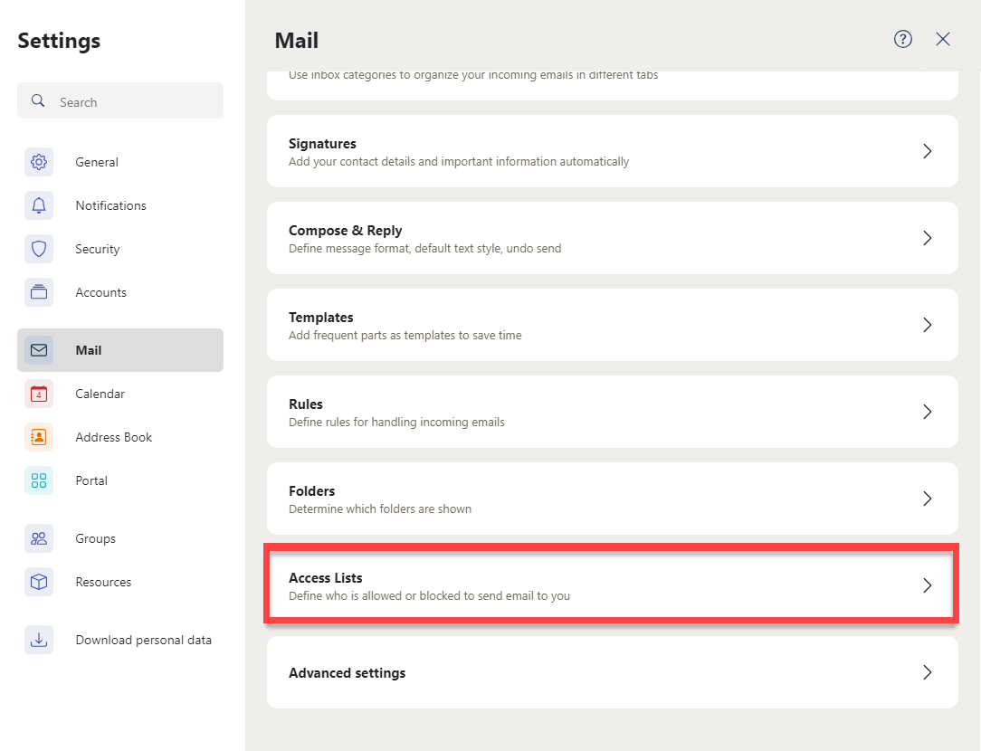 Cloud mail - Access List