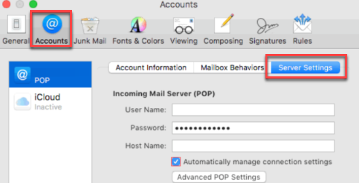 Accounts icon and Server Settings button