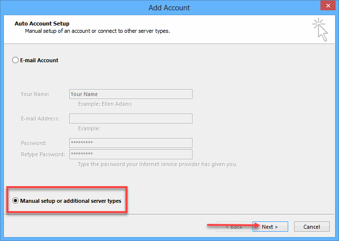 Outlook 2013 Add Account Manual Set up