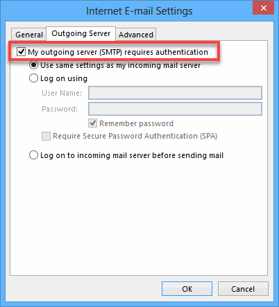 Outlook 2013 Add Account Outgoing Server
