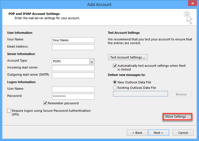 Outlook 2013 Add Account More Settings
