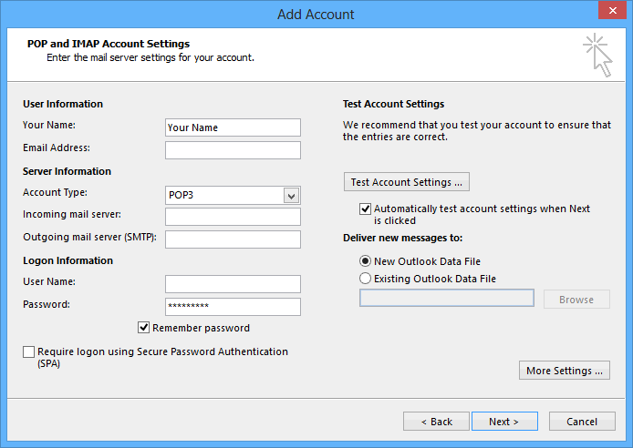 Outlook 2013 Add Account POP or IMAP Settings
