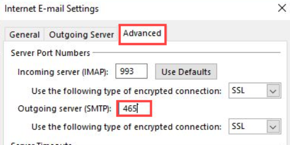 Advanced tab in Internet E-mail Settings