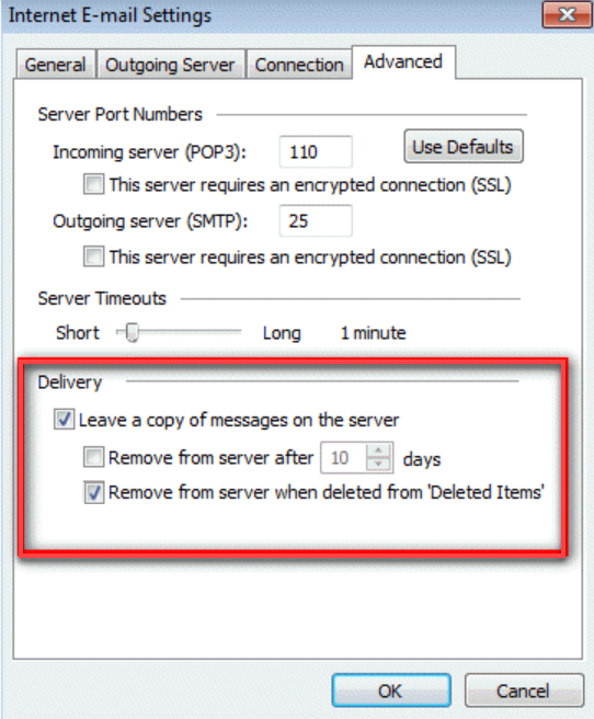 Outlook delivery email settings