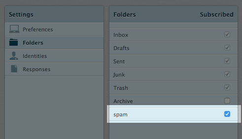 Folders tab under Settings and checkboxes to choose folder to subscribe to