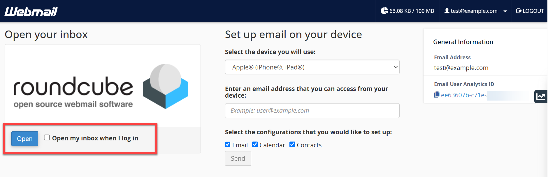 Open button to get to inbox and checkbox to open inbox by default