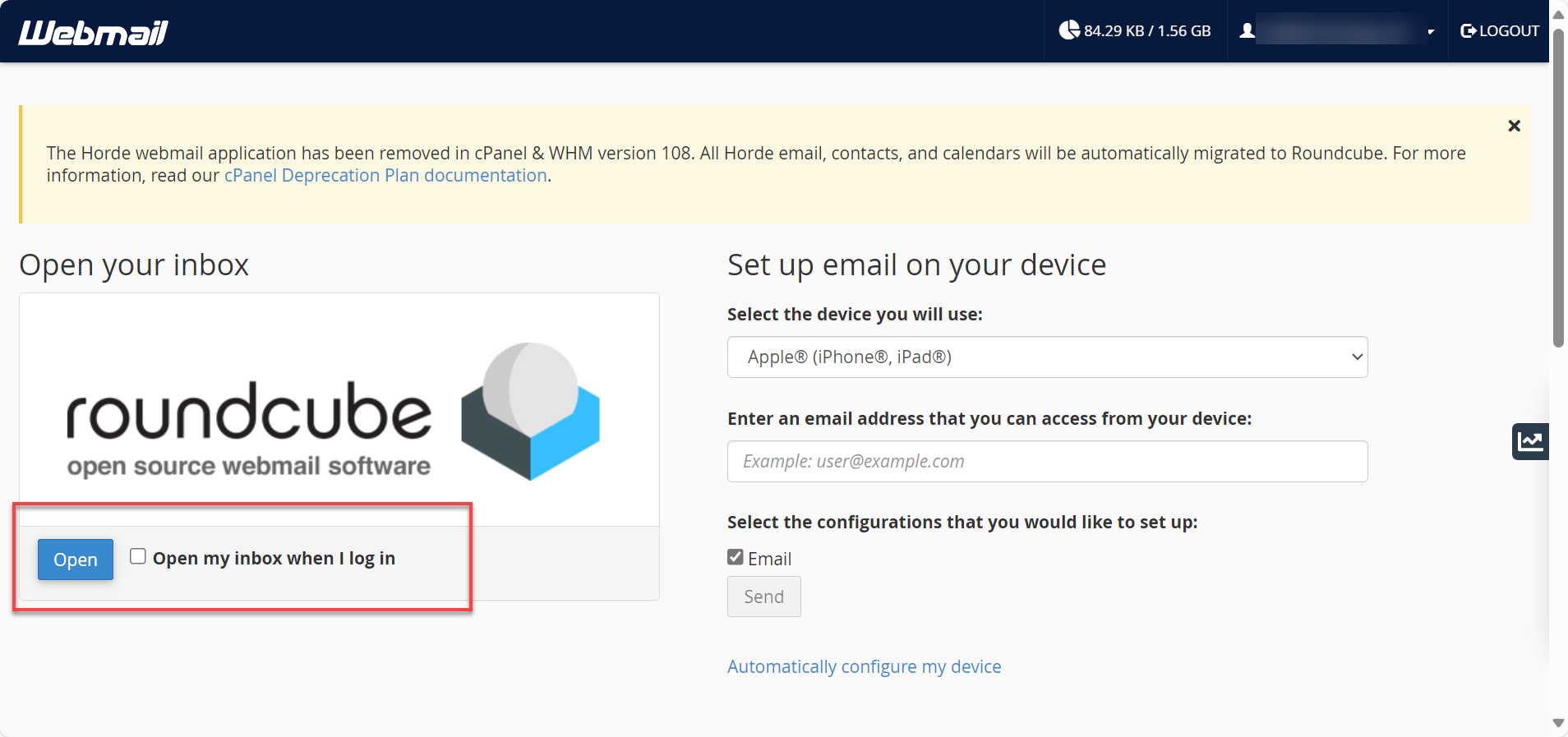 Open button to get to inbox and checkbox to open inbox by default