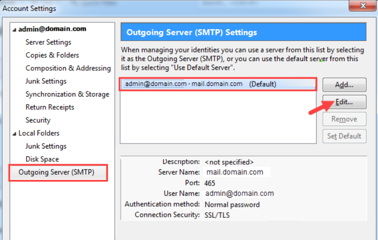 Edit button for Outgoing Server