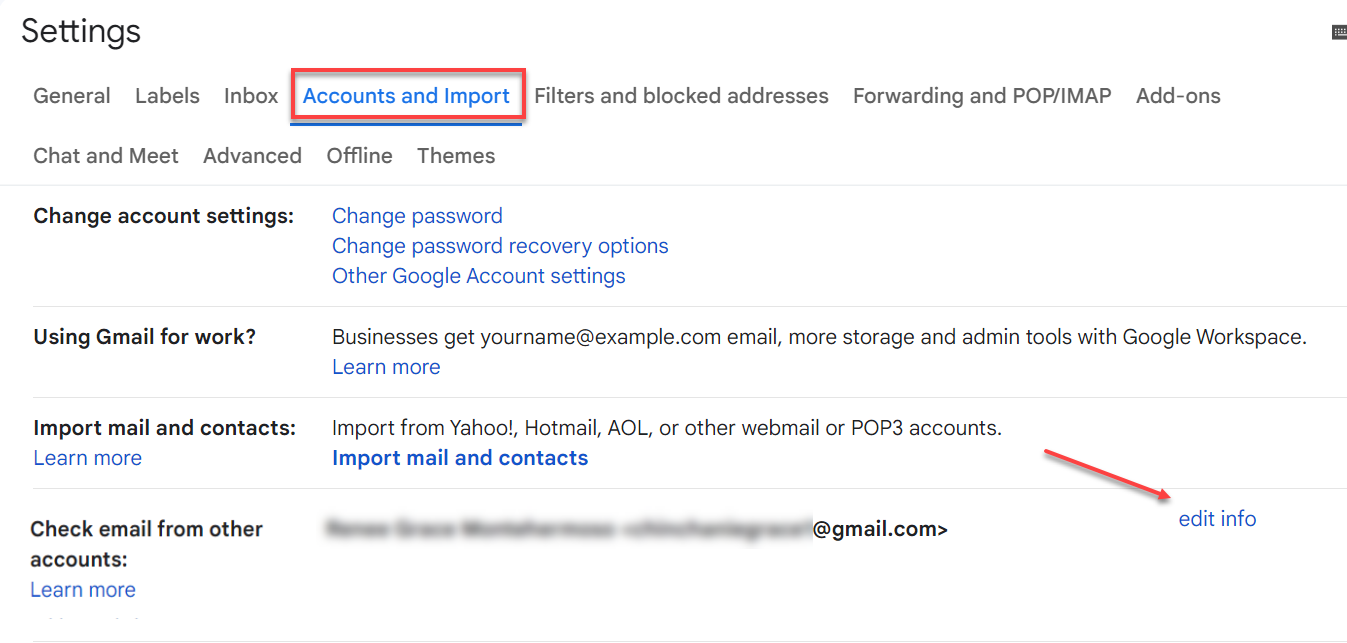 Accounts and Import tab and edit info button