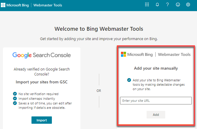 Microsoft Bing - Add Website
