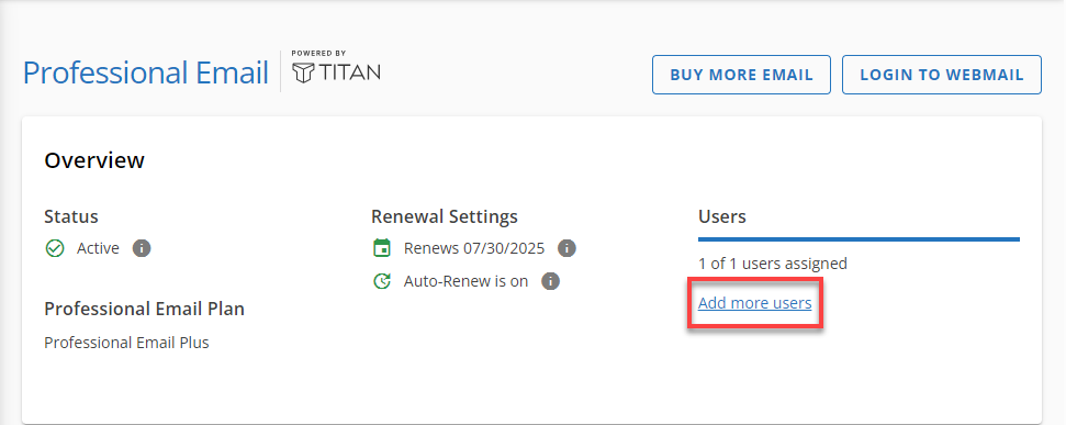 Bluehost Professional Email Management Options - Add More Users