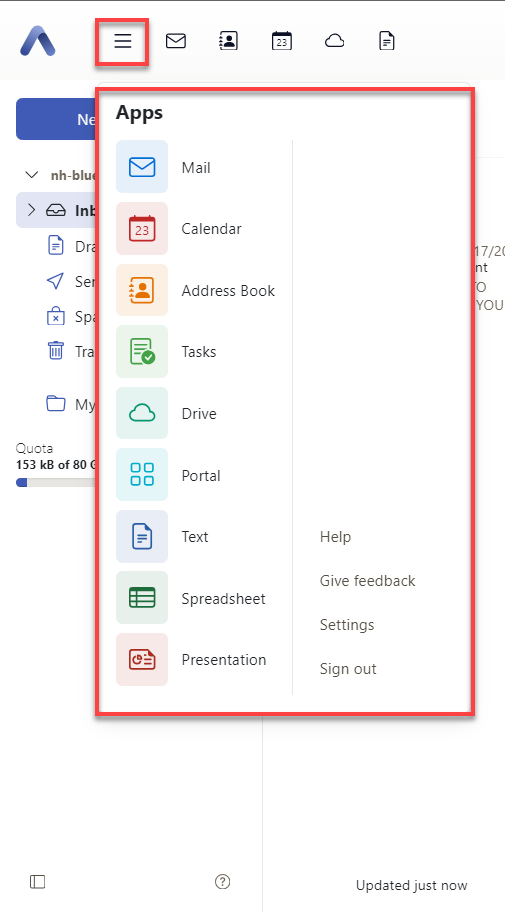 Cloud Mail Hamburger Applications Dropdown Options