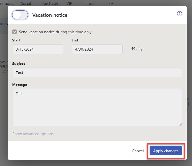 Cloud Mail Disable Vacation Notice Apply Changes button