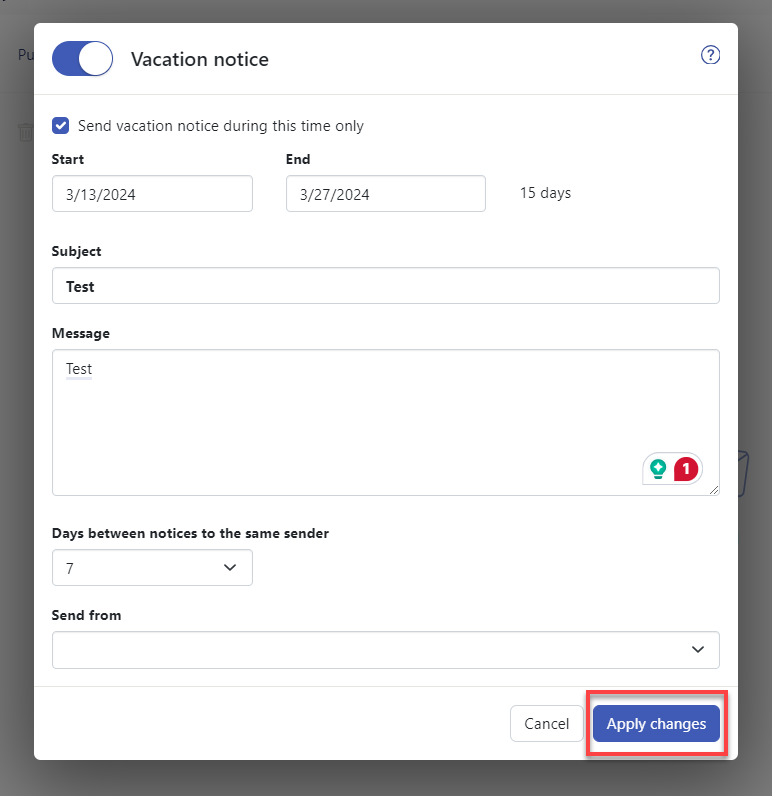 Cloud Mail Enable Vacation Notice Apply Changes button
