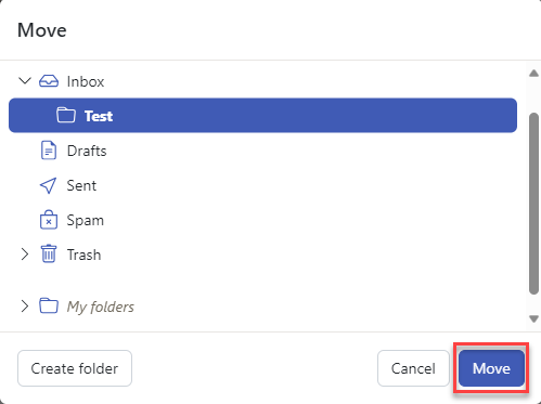 Cloud Mail Recover Deleted Items Pop-up Move Button