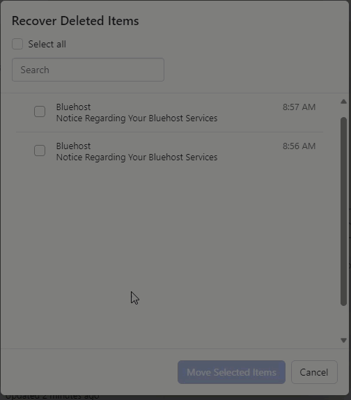 Cloud Mail Recover Deleted Items Pop-up Selected Items Button