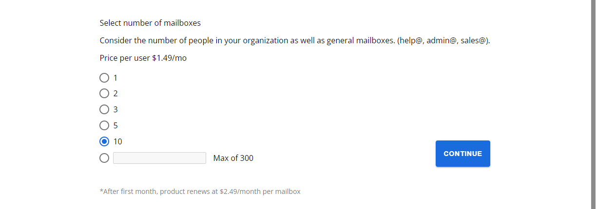 Bluehost Account Manager FOS Professional Email  Select number of mailboxes