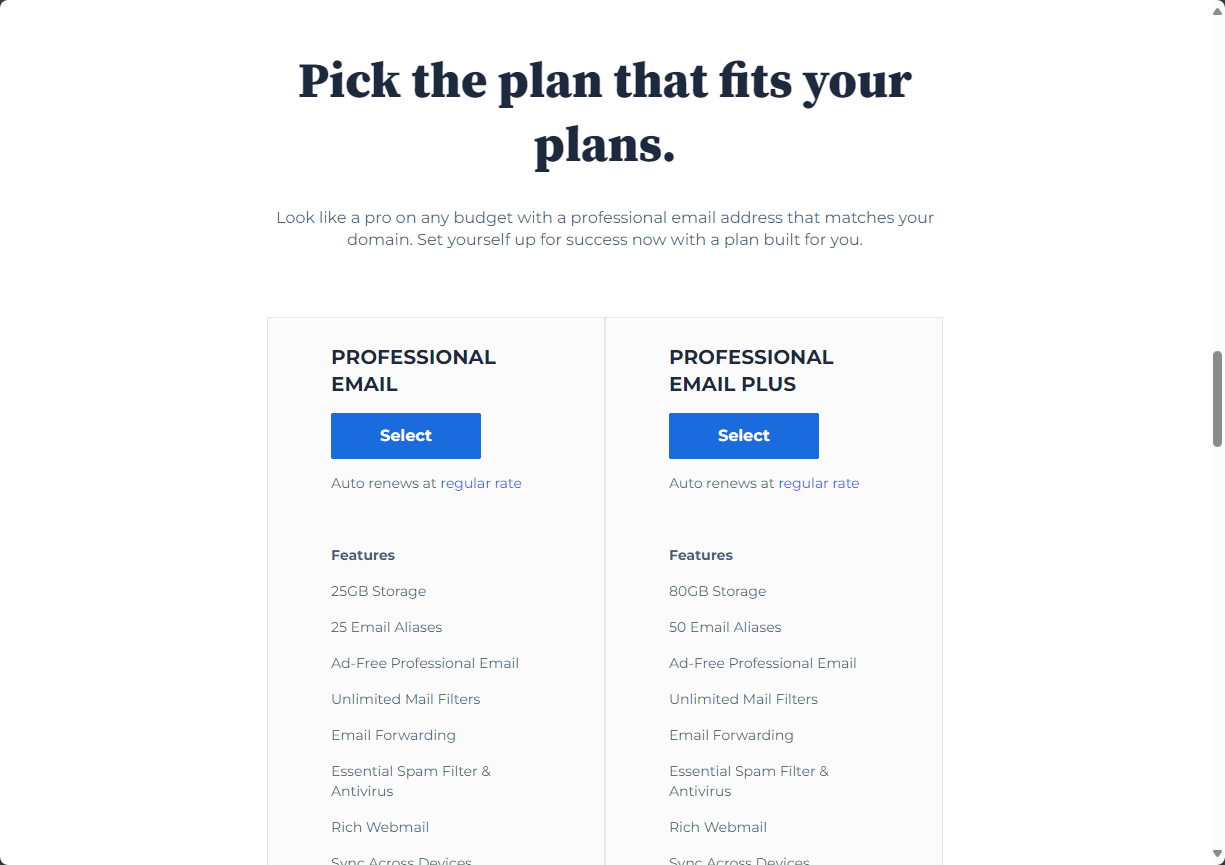 Bluehost Account Manager FOS Professional Email  Select Plan