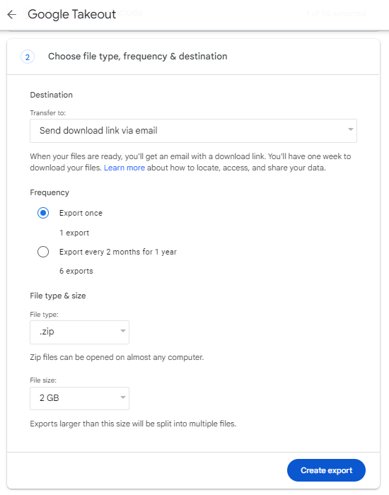 Bluehost Manage your Google Workspace Create export