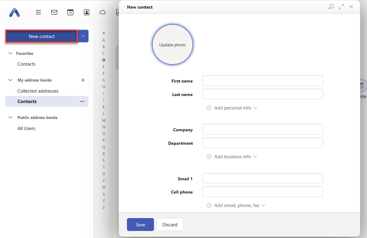 Cloud Mail Address Book New Contact Popup