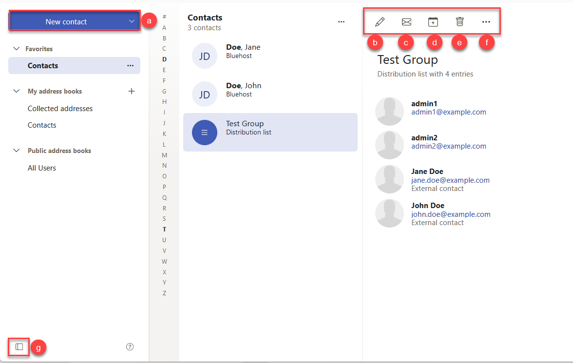 Cloud Mail Address Book Toolbar Contents