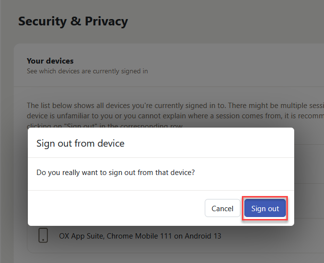Cloud Mail Security & Privacy Sign Out from Single Device Popup