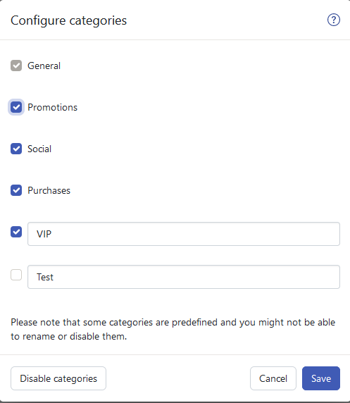 Cloud Mail Configure Categories Disable Categories