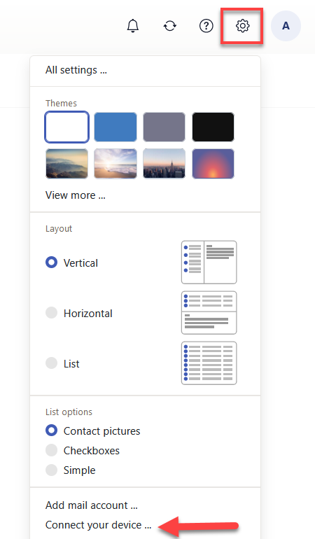 Cloud Mail Gear Icon Connect Your Device Dropdown