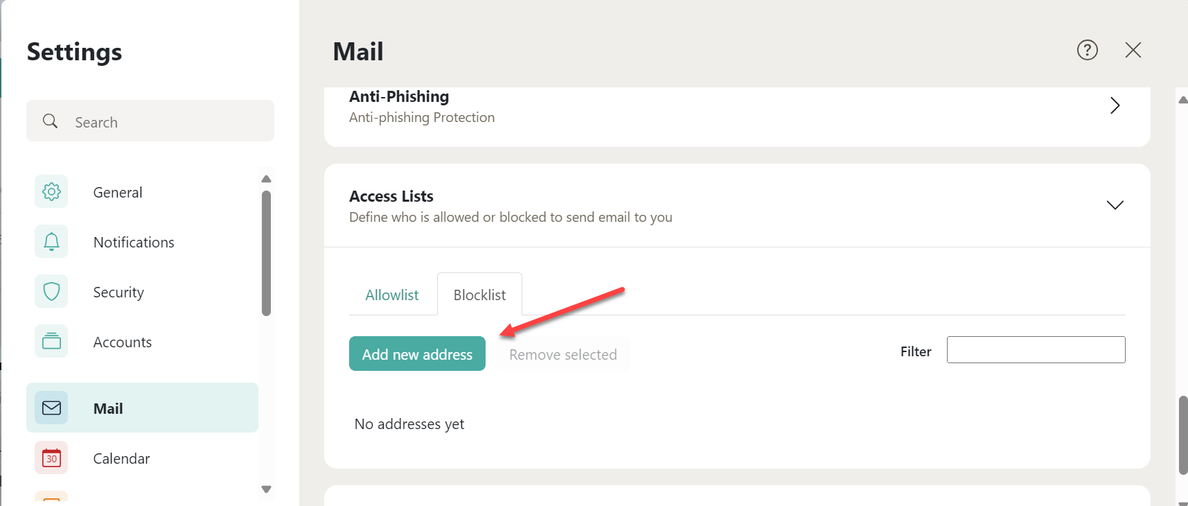 Add new address button for Blocklist