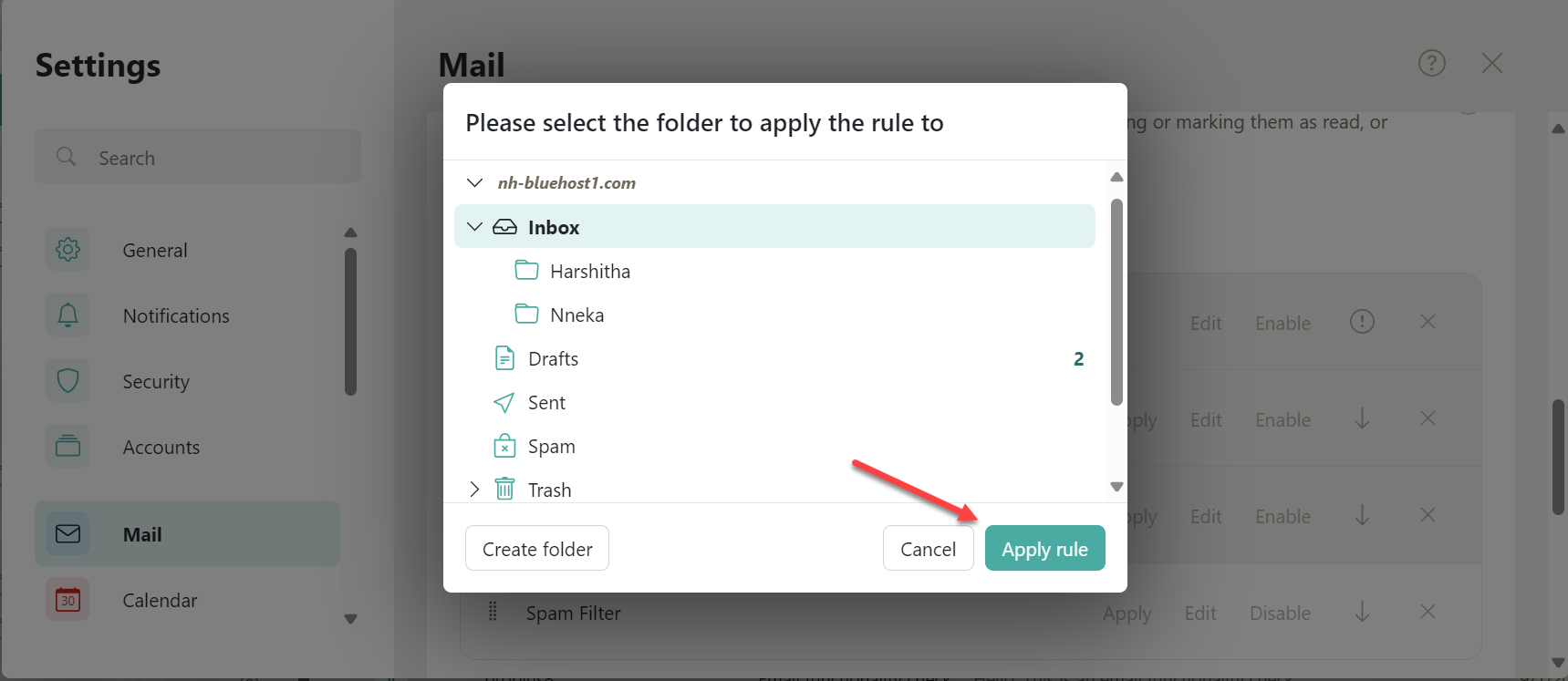Folder to apply rule to