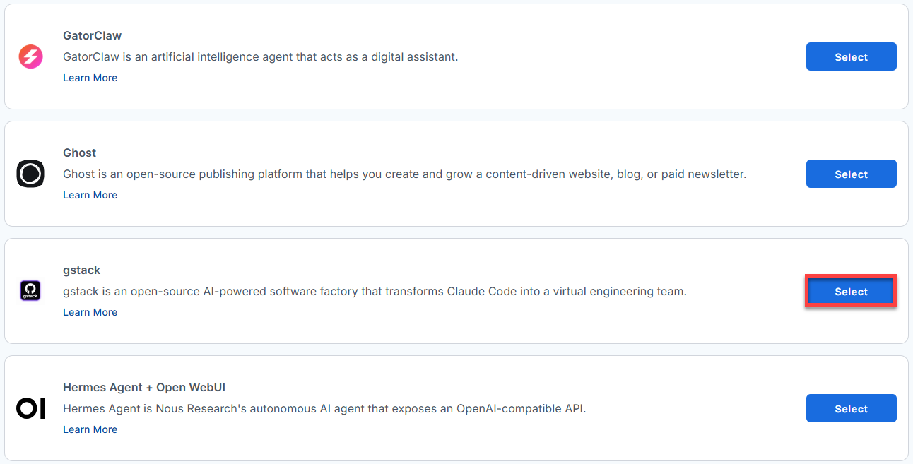 BH AM - Manage Server - Select gstack From The List Of Application