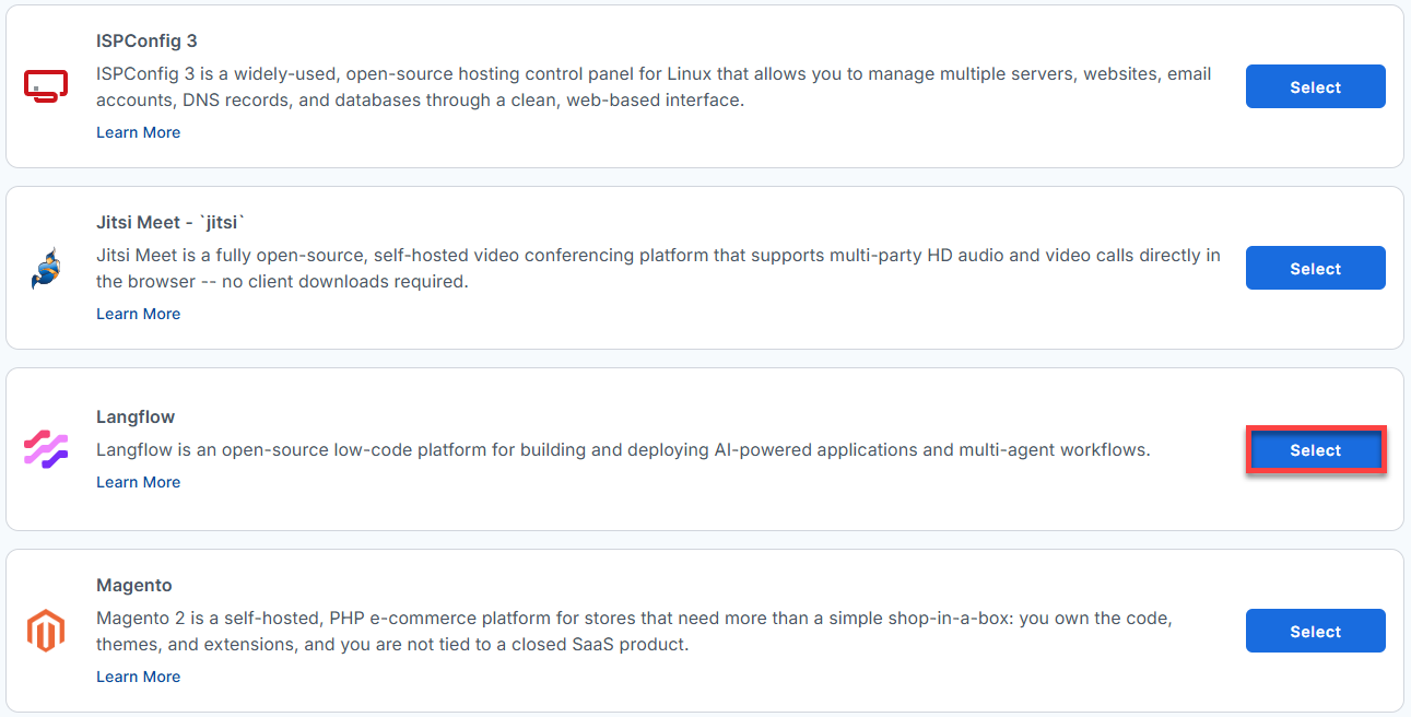 BH AM - Manage Server - Select Langflow From The List Of Application