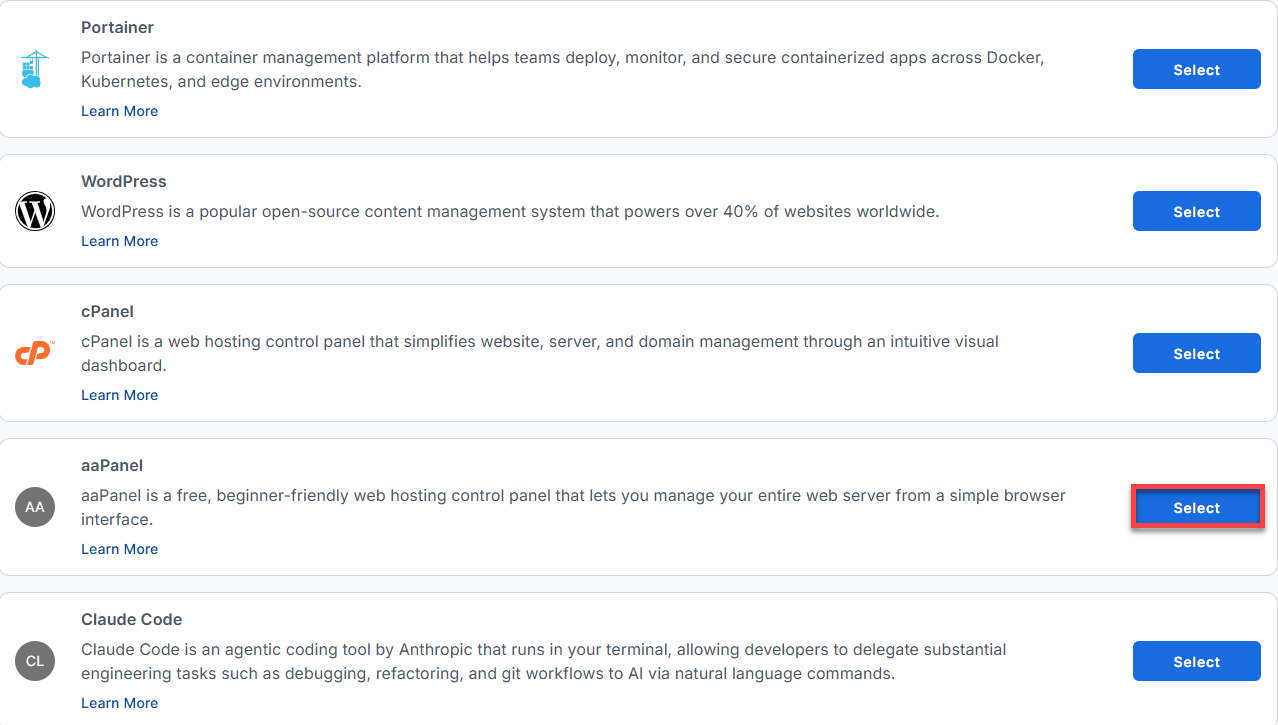 BH AM - Manage Server - Select aaPanel From The List Of Application