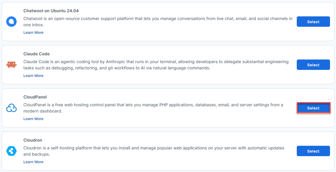 BH AM - Manage Server - Select CloudPanel From The List Of Application