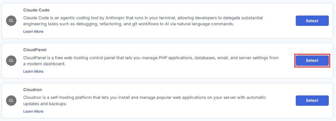 BH AM - Manage Server - Select Cloudpanel From The List Of Application