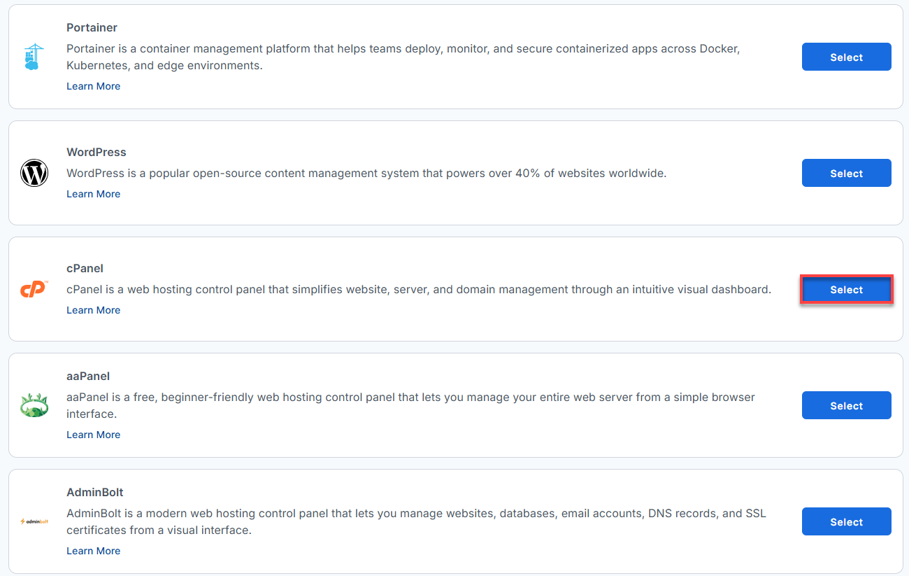 BH AM - Manage Server - Select cPanel From The List Of Application