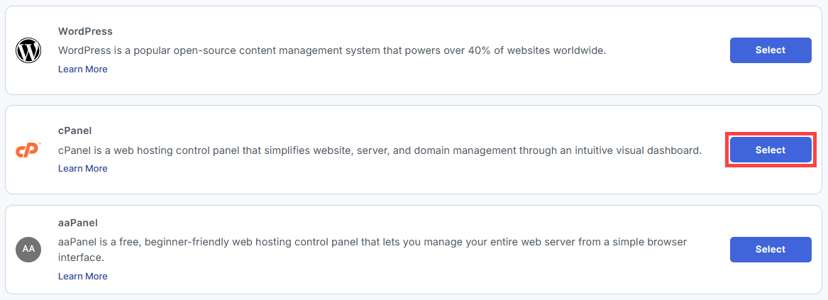 BH AM - Manage Server - Select cPanel From The List Of Application