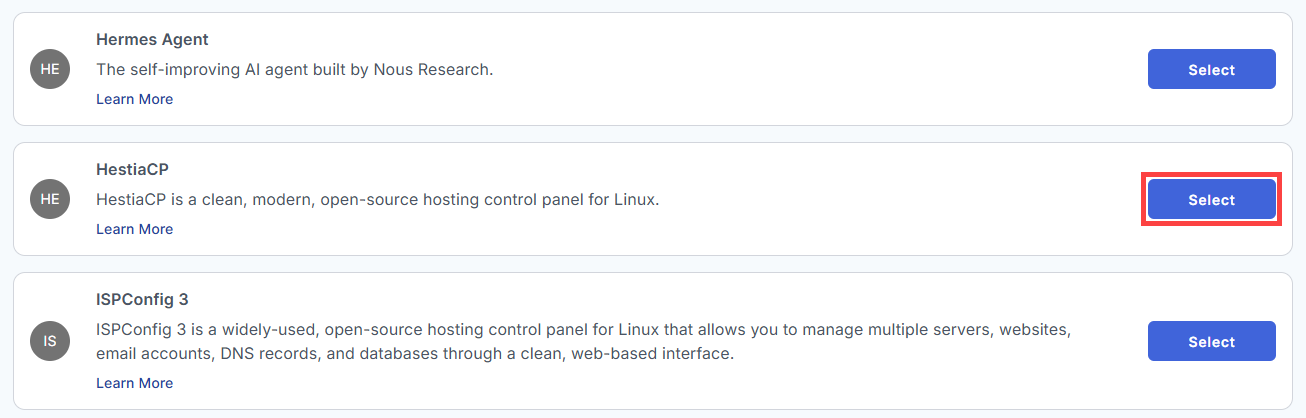 BH AM - Manage Server - Select HestiaCP From The List Of Application