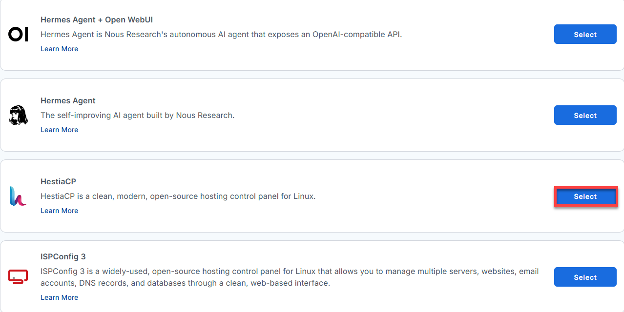 BH AM - Manage Server - Select HestiaCP From The List Of Application