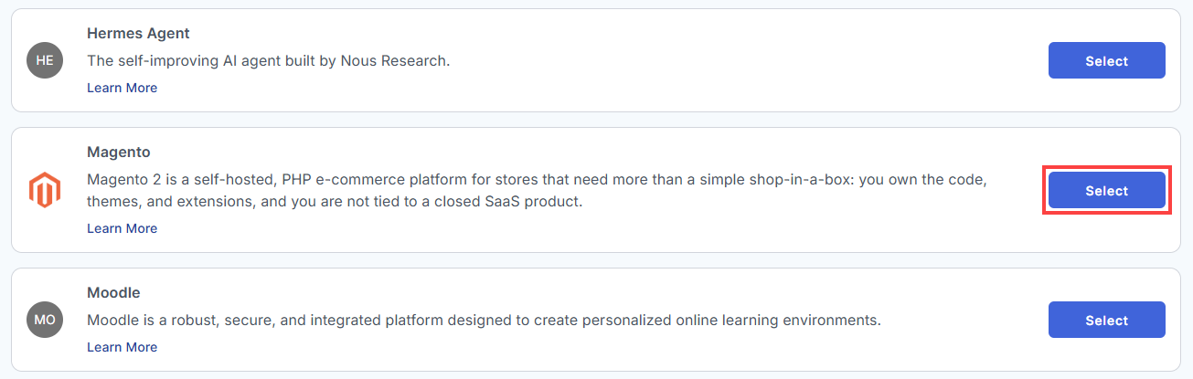 BH AM - Manage Server - Select Magento From The List Of Application