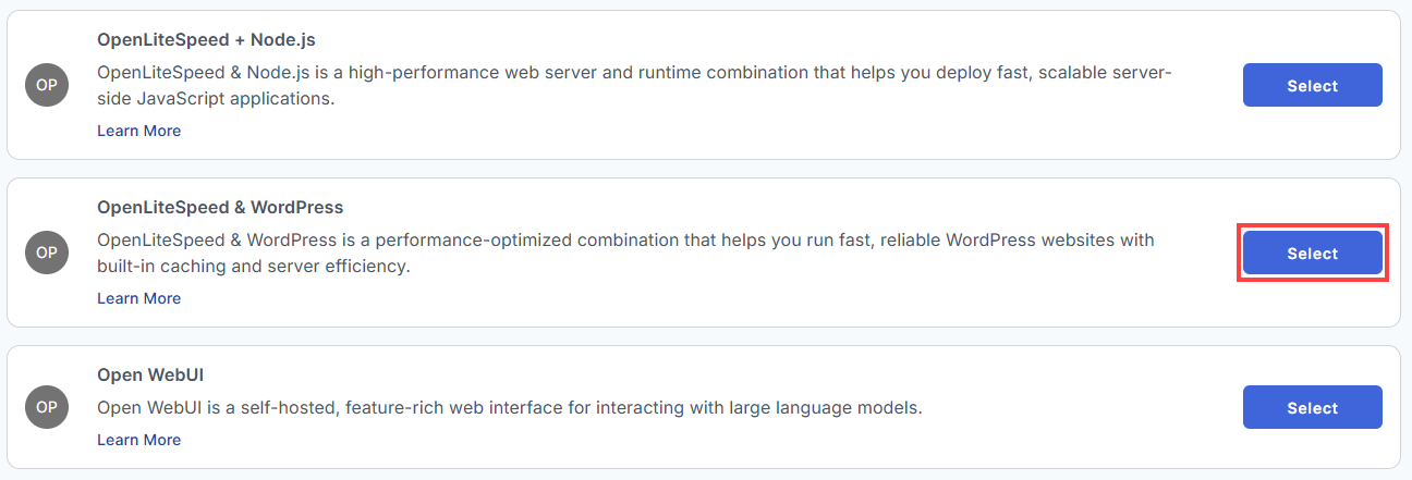 BH AM - Manage Server - Select OpenLiteSpeed & WordPress From The List Of Application