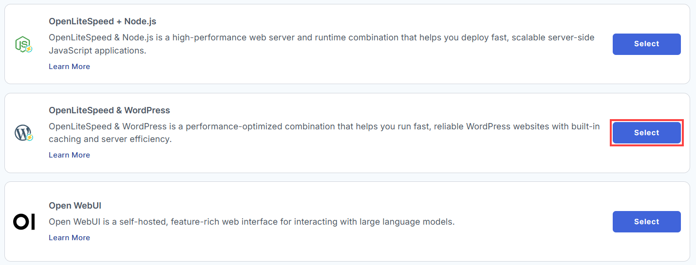 BH AM - Manage Server - Select OpenLiteSpeed & WordPress From The List Of Application
